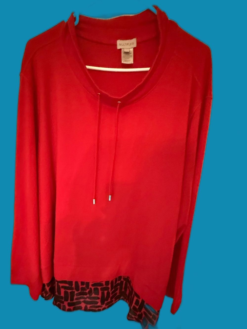 Multiples Red Long-Sleeve Hoodie Blouse with Black Trim